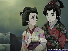 Busty Japanese kimono hentai standing fucked and riding dick